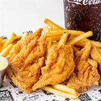 Texas-Sized Tenders Combo · 5 hand cut & hand breaded to order chicken tenders. Served with seasoned fries, choice of si...