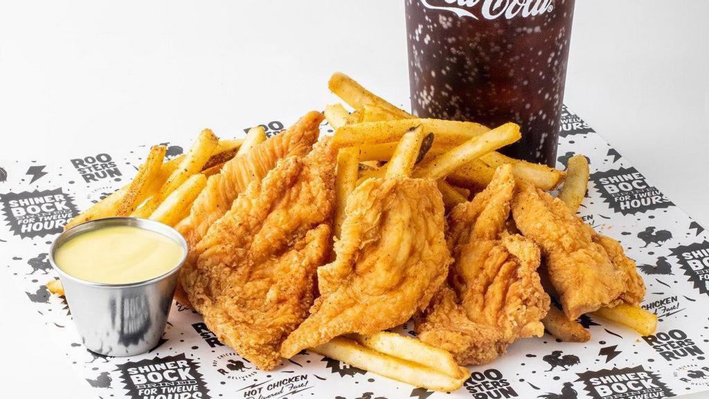Texas-Sized Tenders Combo · 5 hand cut & hand breaded to order chicken tenders. Served with seasoned fries, choice of signature sauce, and choice of drink.