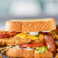 Texas Fried Chicken Club · Fried chicken breast with jalapeno mayo, bacon, lettuce, tomato, and roasted pepper cheese m...