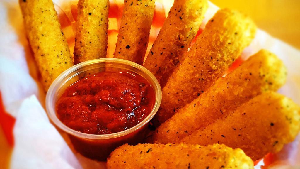 Mozzarella Cheese Sticks · Freshly sliced mozzarella cheese, breaded, deep-fried and served with marinara sauce. Made fresh to order.