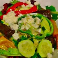 Greek Salad · Mixed greens, bell peppers, cucumbers, Kalamata olives, tomatoes, red onions and feta cheese...
