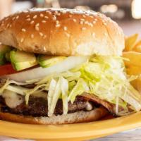Hamburger · Monterrey style, melted white cheese, ham, avocado tomato, onion, lettuce, mayonnaise and mu...