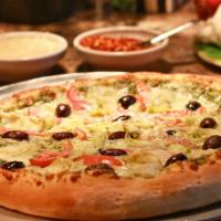 Pesto Street Pizza (10 Inch Cauliflower Gf) · Basil pesto sauce, mozzarella, artichoke hearts, Kalamata olives and tomatoes. Suggested add...