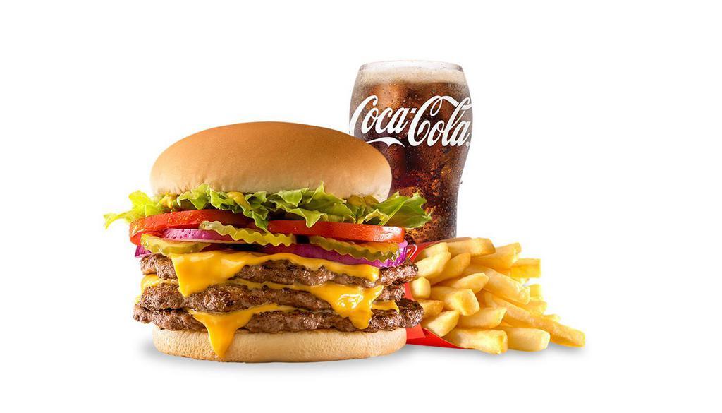 Triple-Buster® With Cheese Combo · Three 1/4 lb. grilled beef patties topped with crisp lettuce, ripe tomatoes, purple onions, tangy pickles, and bold yellow mustard and three slices of cheese. Served with medium fries and your choice of medium drink.