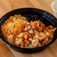 Shrimp Bowl · Spanish rice, black beans, grilled shrimp, lettuce, pico de gallo, and topped with avocado r...