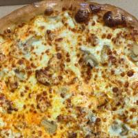 Buffalo Chicken Pizza · Buffalo sauce, chicken, mushrooms and mozzarella cheese.