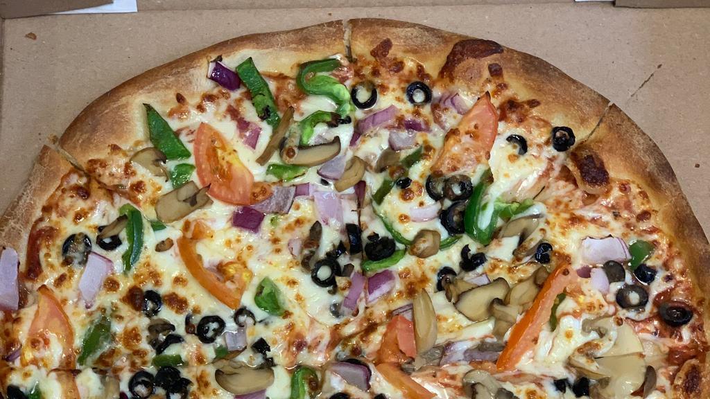 Vegetarian Pizza · Mushrooms, green peppers, onions, black olives, green olives, and tomatoes.