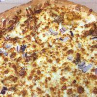 Bbq Chicken Pizza · BBQ Sauce, Chicken Onions and Mozzarella Cheese.