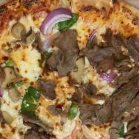 Philly Steak Pizza · Steak, Green pepper, Onion, Mushroom, and Cheese