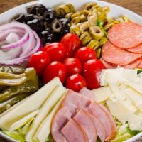 Antipasto Salad · 640 calories. Romaine & iceberg lettuce, spinach leaves, green pepper, red onion, black & gr...