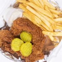 Tenders · Crispy chicken tenders with your desired level of heat on Texas toast with pickles and a sid...
