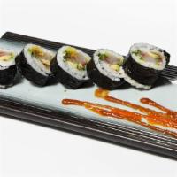 Suntory Roll Yellowtail · Spicy. Yellowtail, avocado, fried leek, cilantro, yuzu tobiko, yuzu koshi with sweet miso sa...
