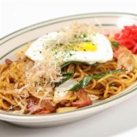Yaki Soba · Stir-fried soba noodles with mixed vegetables, pork bacon, with pan-fried egg and bonito fla...