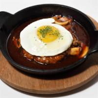 Hambagu Steak · Japanese-style grilled ground beef and pork patty with sunny side up egg on top.