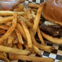 Snake River Farm Wagyu Burger · 1/2 Lb WAGYU PATTY • BLUE  CHEESE, EMMI GRUYRE, CARAMELIZED ONIONS, ROASTED TOMATOES, & HORS...