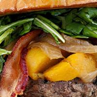 Sugar Burger · House-ground beef patty, candied bacon, grilled peaches, caramelized onions, arugula, jalape...