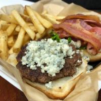 Bacon Blues Burger · This one has bacon, grilled onions, and blue cheese crumbles.