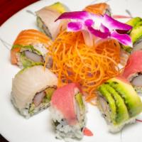 Rainbow Roll · California roll top with tuna, salmon, white fish, avocado.