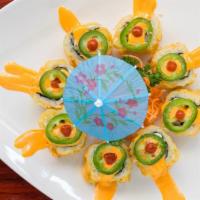 Las Vegas Roll · Cooked, spicy. Smoke salmon, cream cheese, avocado deep fried top with jalapeno, chili sauce...