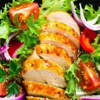 Grilled Chicken Salad · Garden salad with choice of dressings. Topped with grilled chicken breast, boiled egg, avoca...