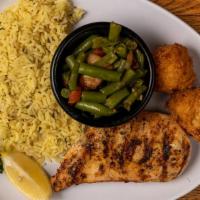 Grilled Chicken Platter · Seasoned grilled chicken breast and your choice of two sides.