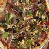 12In Supreme · Pepperoni, sausage, Canadian bacon, bacon, mushrooms, black olives, onions, mixed bell peppe...