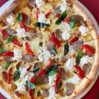 18In Vesuvio Pizza · Italian sausage, ricotta, roasted peppers & garlic, basil and extra virgin olive oil.