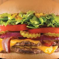 Bacon Cheese Belt-Buster® · Two 1/4 lb. grilled beef patties topped with Bacon, cheese, crisp lettuce, ripe tomatoes, pu...