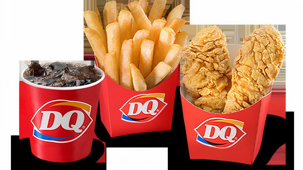 Kids Meal Chicken Strips · Two chicken strips, served with a Kids drink, fries, gravy, and DQ treat.
