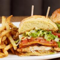 The Wright Chicken Sandwich · melted cheddar with shredded lettuce, tomato, red onion & slathered with dijon honey