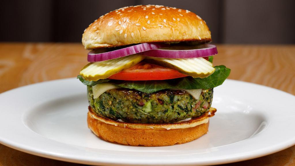 All Green Burger · Our green rice & kale blend with jack cheese & a jalapeño aioli.