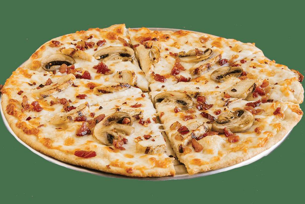 Chicken Carbonara · alfredo sauce / mozzarella / parmesan / grilled chicken / mushrooms / crushed red peppers / bacon