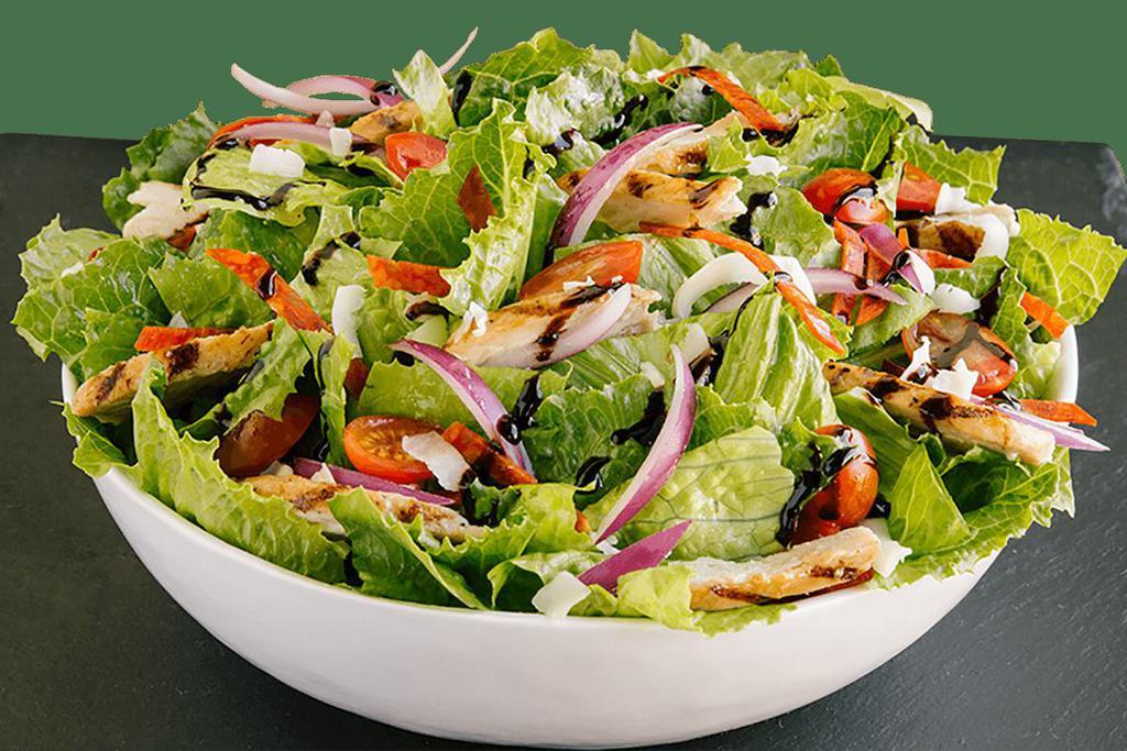Classic Italian Salad · romaine lettuce / grilled chicken / red onions / pepperoni / mozzarella / grape tomatoes / balsamic drizzle / croutons