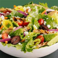 Greek Salad · romaine lettuce / grilled chicken / banana peppers / carrots / grape tomatoes / kalamata oli...