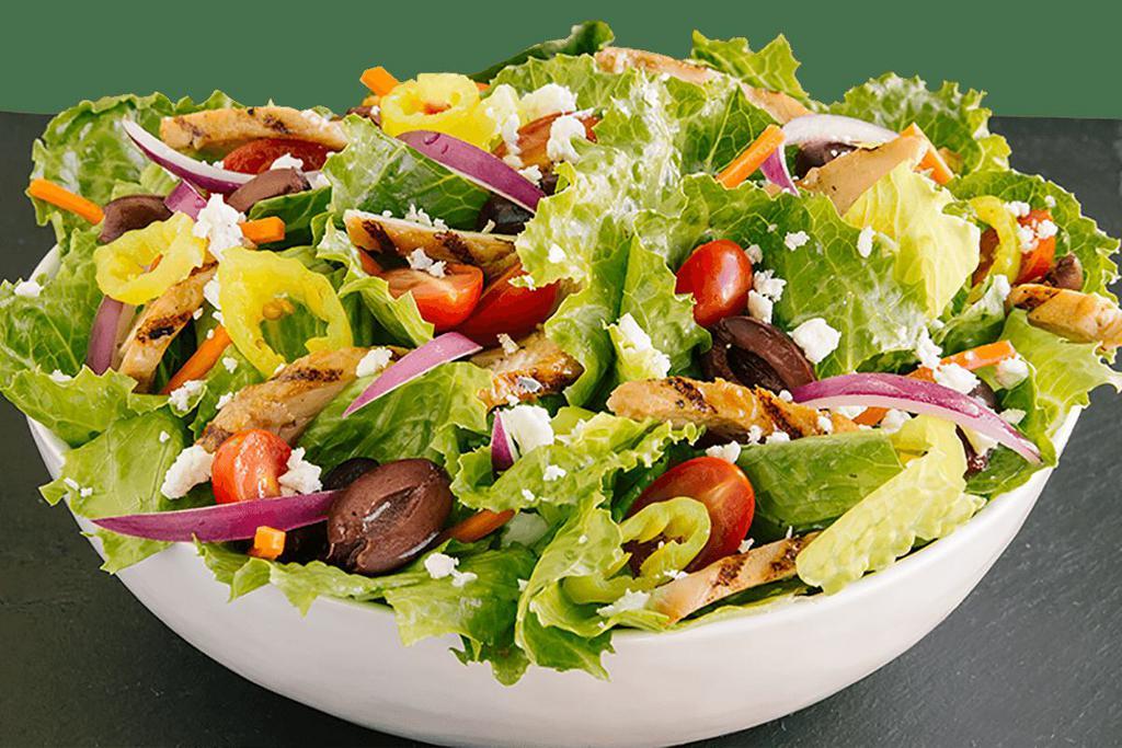 Greek Salad · romaine lettuce / grilled chicken / banana peppers / carrots / grape tomatoes / kalamata olives / red onions / feta / croutons