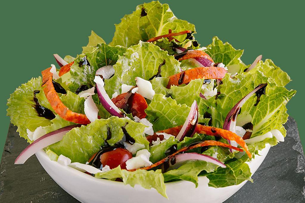 Classic Italian Side Salad · romaine lettuce / red onions / pepperoni / 100 % whole milk mozzarella / tomatoes / balsamic drizzle / croutons