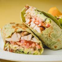 Pollo Wrap · Six Spinach Flour Wraps filled with grilled chicken, lettuce, tomato, onion, bacon, avocado ...