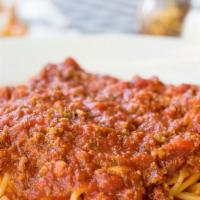 Spaghetti · With meat sauce, meat balls or sausage.