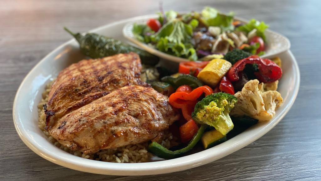 Chicken Light · Mesquite grilled chicken breast, grilled fresh vegetables, epazote white rice and side salad.