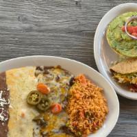 Trevino · Cheese enchilada, soft cheese taco, guac tostada, beef taco served with beans and rice.