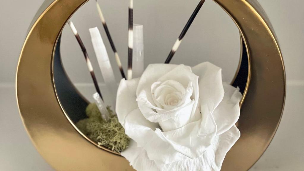Thankful · Let Trove help show your appreciation that will last all year long. Our signature Jody hoop that will adorn any office. Preserved Rose, Porcupine quills, and Selenite.