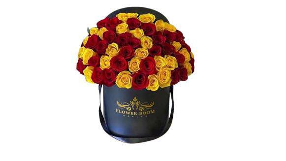 Signature Red & Yellow Rose Box · An unquestionable sense of style is depicted through the hues of this arrangement! Capture the essence of elegance, romance and passion with this stunning box of red and yellow roses carefully put together with effort and detail one by one to create a smooth dome shape.