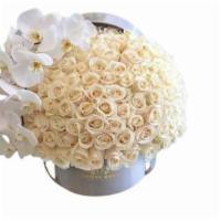 Signature 150 White Roses With Orchids · Throughout history, roses have always been considered as the flower of elegance, love, roman...