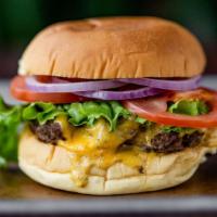Fm Burger (8Oz) · Two (2) signature beef patties, American cheese, lettuce, tomato, red onion, shhh sauce, toa...