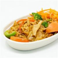 Pad Kee Mow · Big flat noodles stir-fried with tomatoes, white onions, bell peppers, broccoli, jalapenos, ...