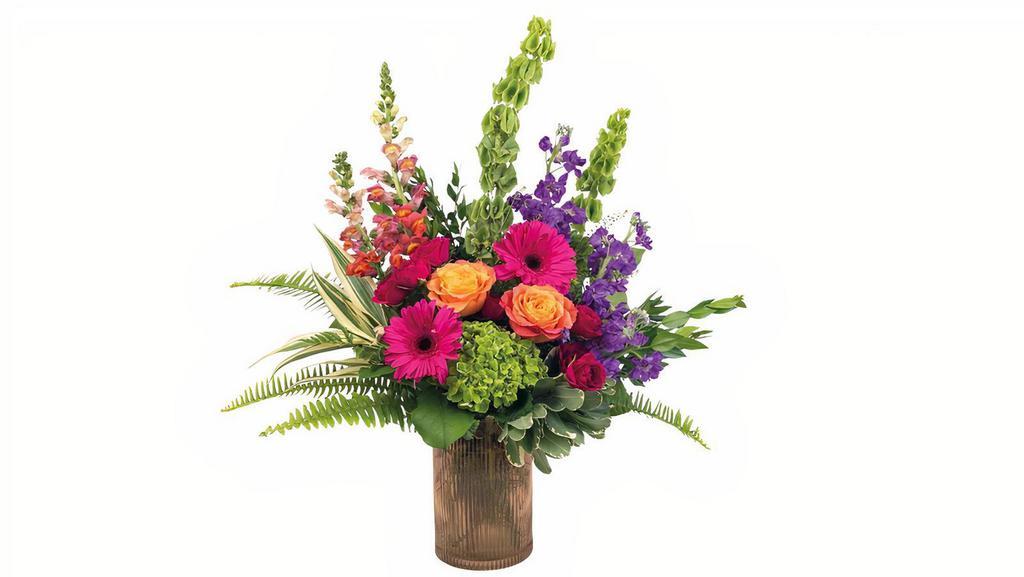 Bellini · Jump into summer with this eye-turning combination of fresh snapdragons, gerberas, roses and hydrangea elegantly arranged l in a charming, vintage inspired rose vase!

Standard One Sided: 24