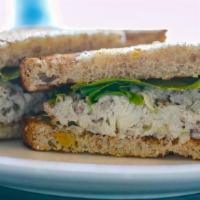 Chicken Salad Sandwich · chicken salad & organic greens on toasted whole grain (contains pork). [mayo • mustard • gol...