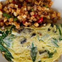 House Omelette · three open range eggs, spinach, shallots, crimini mushrooms, white cheddar cheese & side of ...