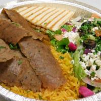 Gyro Plate · Served with rice, salad, pita bread, hummus (on the side), and tzatziki.