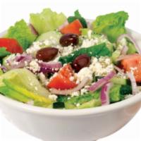 Greek Salad · Lettuce, tomatoes, cucumbers, onions, black olives and feta cheese, choice of dressing.